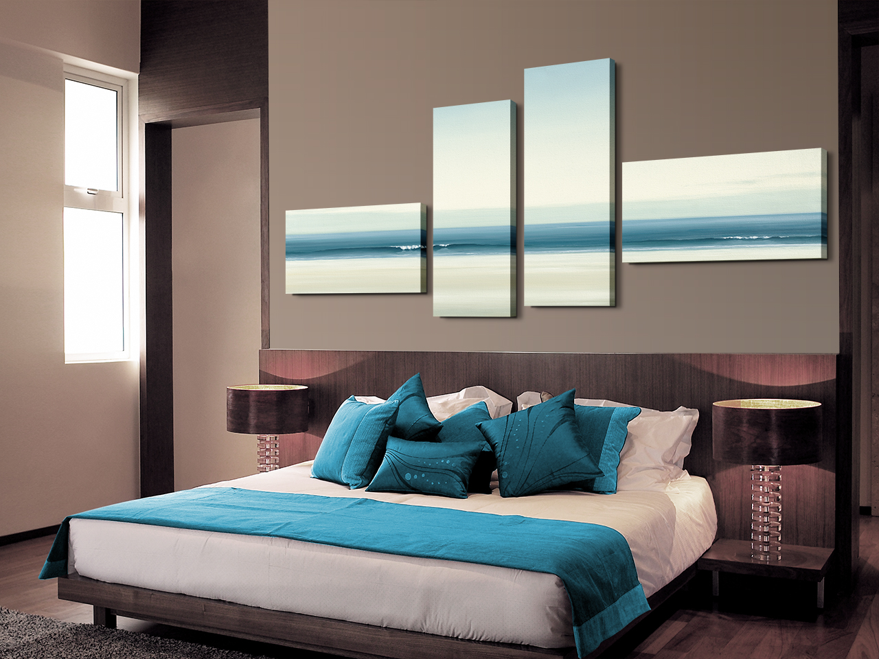 Dormitorio decorado con lienzo collage 4 piezas montado sobre bastidor IG2407